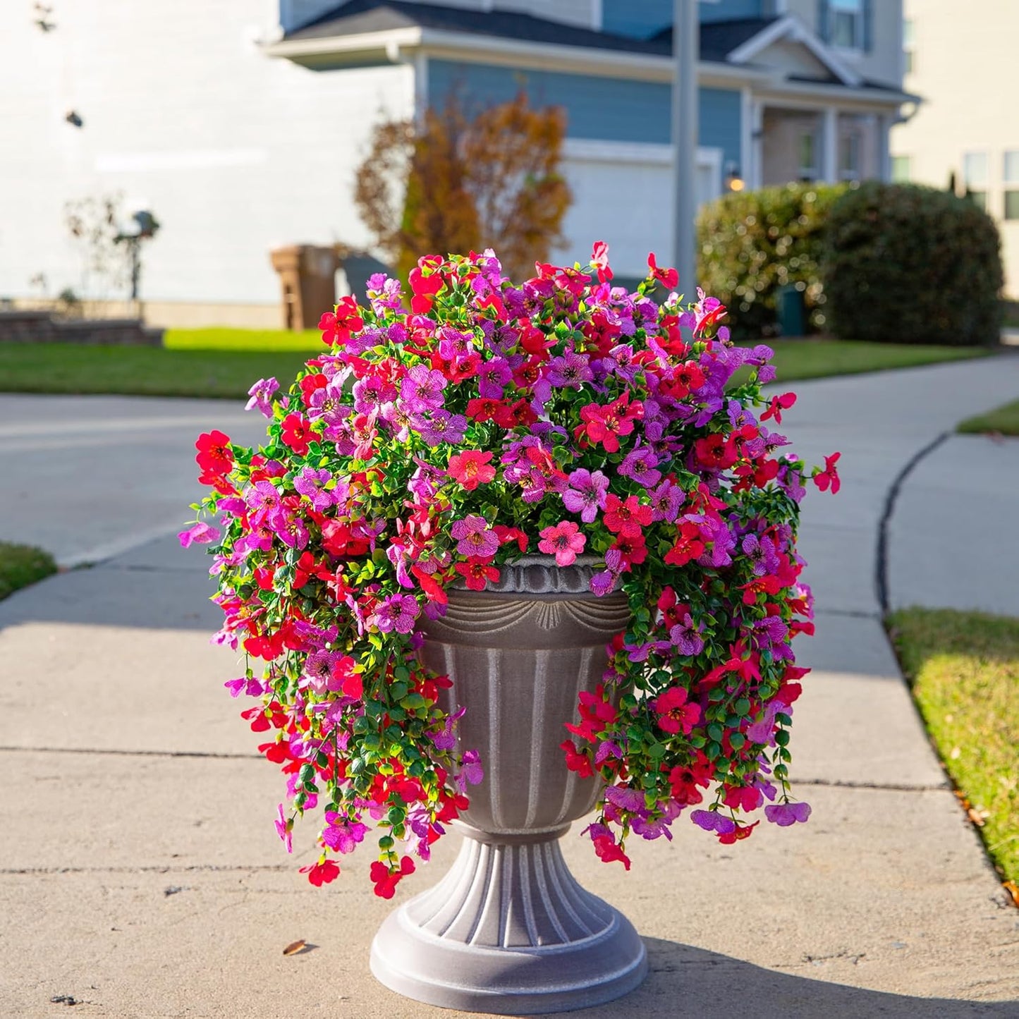 Artificial Faux Hanging Flowers Plants for Outdoor Decor, 2 PCS Outside Fake Silk Violets with Eucalyptus UV Resistant Realistic Daisy Trailing Vines for Planter Balcony Porch Patio Yard, Purplepink