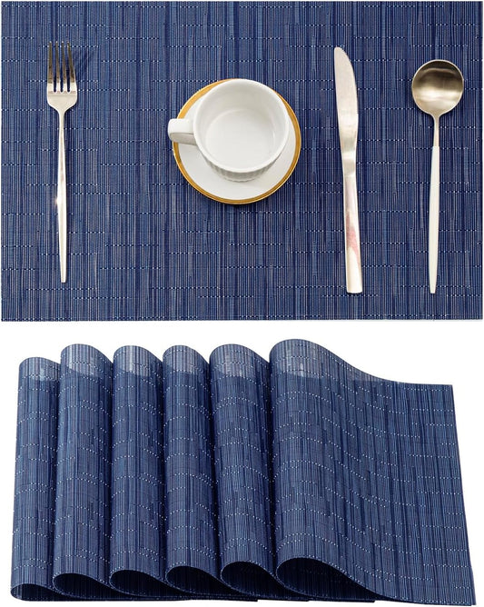 Leetaltree Blue Placemats Set of 6 - Heat Resistant Non-Slip Place mats for Dining Table, Washable Durable PVC Vinyl Woven Table Mats（Blue, 6）