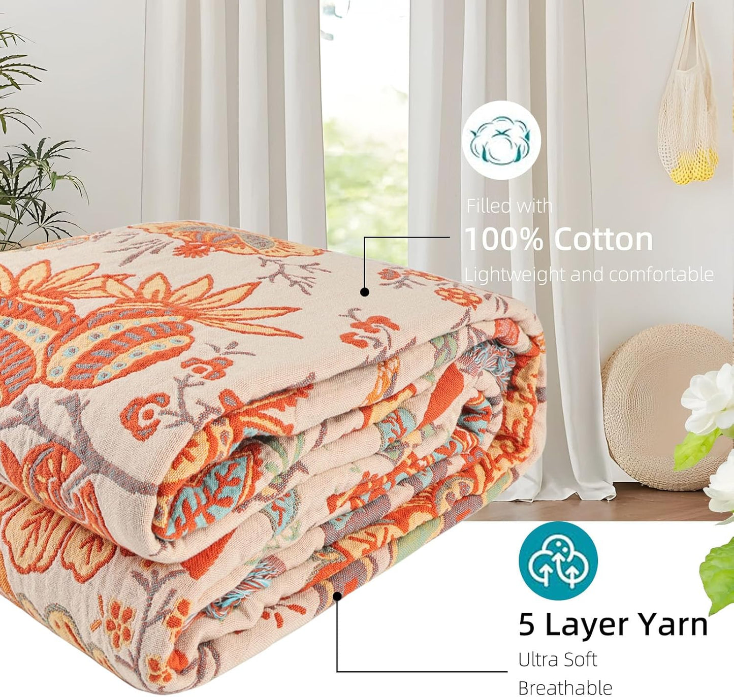 Boho Throw Blanket for Bed - 100% Pure Cotton Ultra Soft Rustic Quilt - Farmhouse Decor Bed Blankets, All Season Rustic Throw for Sofa Couch Chair(91''x 98'', Floral)