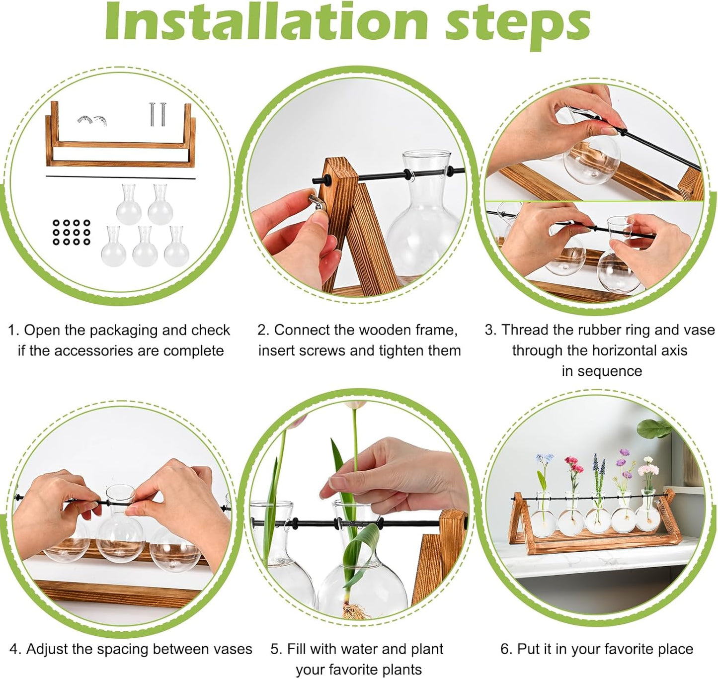 Retro Wood Stand Plant Terrarium with 5 Air Planter Bulb Glass Vases, Perfect for Home, Office, or Wedding Decor. Great Desktop Propagation Station and Plant Lover Gift for Women (5 Bulb Vase)