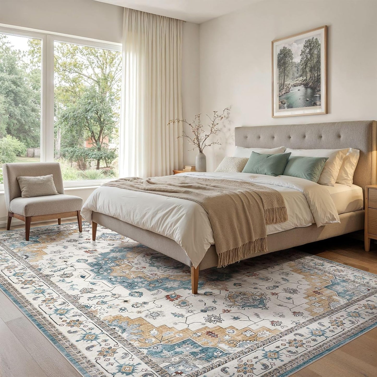 Washable Area Rugs for Living Room - 5x7 Neutral Vintage Distressed Floral Farmhouse Boho Large Soft Floor Rug Indoor Non Slip Carpet for Living Room Bedroom Dining Room Office - Blue/Yellow/Beige