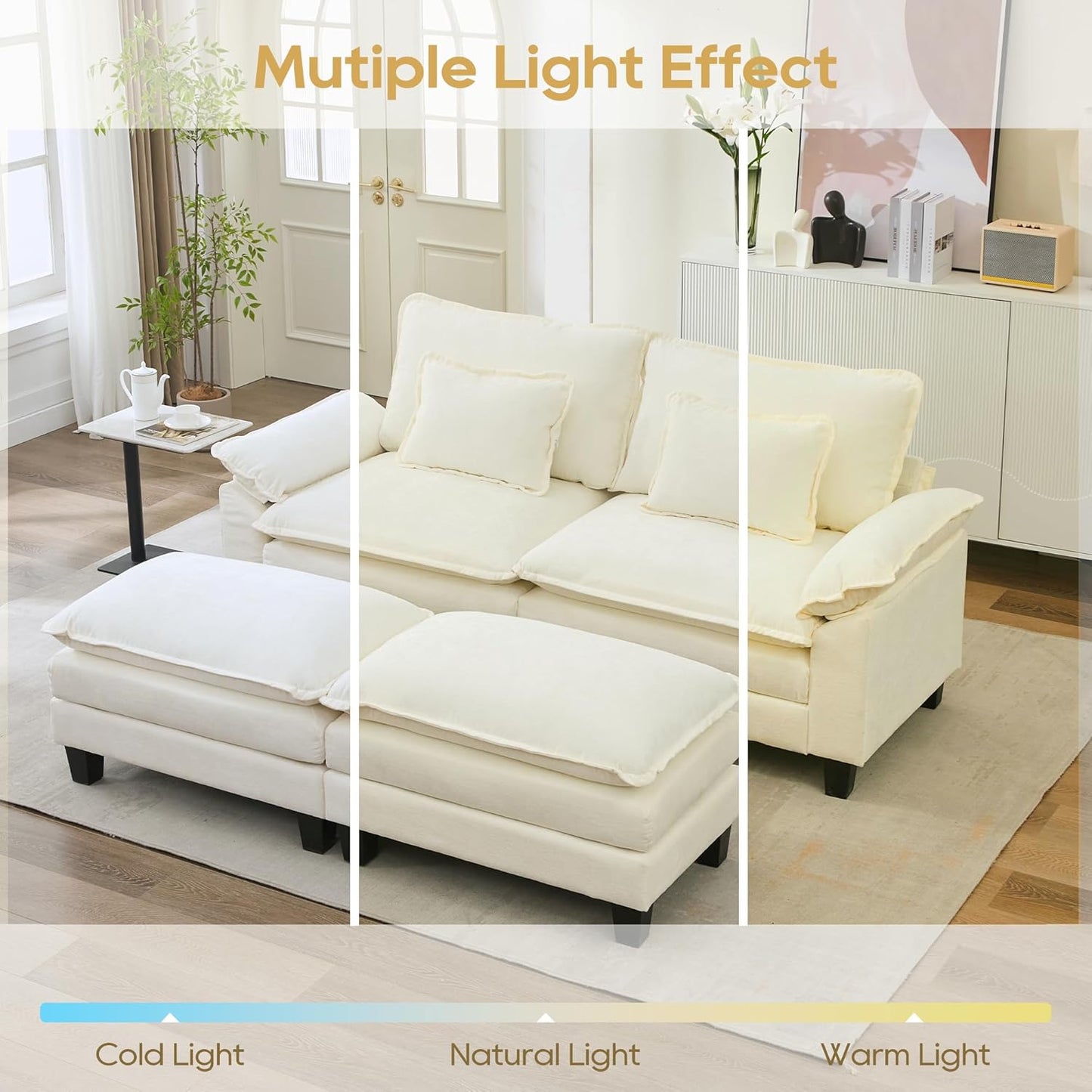 URRED Modular Sectional Sofa Comfy Cloud Couch, Modern Chenille Sofa Sleeper Deep Seat Couches with Ottoman/Pillows for Living Room (White, 82.6''- 2 Ottomans)