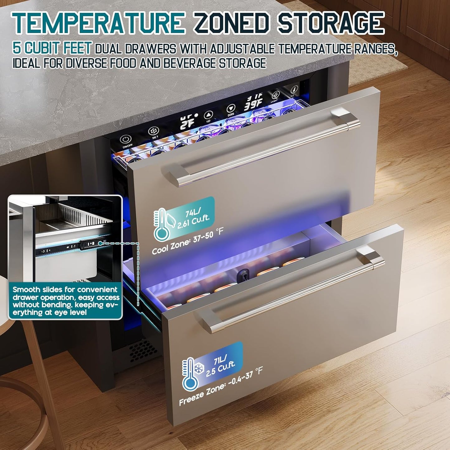 Albott 24 Inch Under Counter Drawer Fridge – Stainless Steel Dual-Zone Beverage Refrigerator with LED Touch Control, Adjustable Storage, Frost-Free, Low Noise, 37℉-50℉, -0.4℉ to 37℉