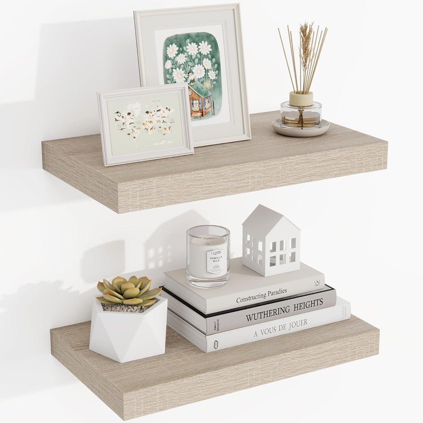 16 Inch Floating Shelves, 3D Textured Wood Grain, 16"x9.25"x1.5" Inch Deep Floating Shelves for Wall, Wooden Shelves for Bathroom, Bedroom, Living Room, Vintage White Oak