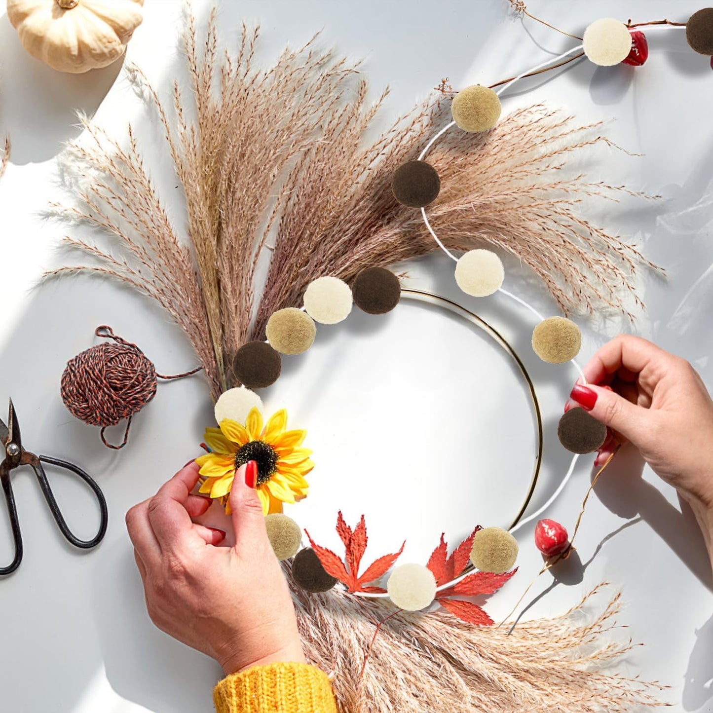 Jishi Pom Pom Garland Boho Party Decorations, 3-Pack Brown Khaki Beige Felt Ball Garland Cute Pastel Rainbow Pompom Strings, Christmas Birthday Wedding Rustic Boho Home Decor Supplies, Xmas Tree Decor