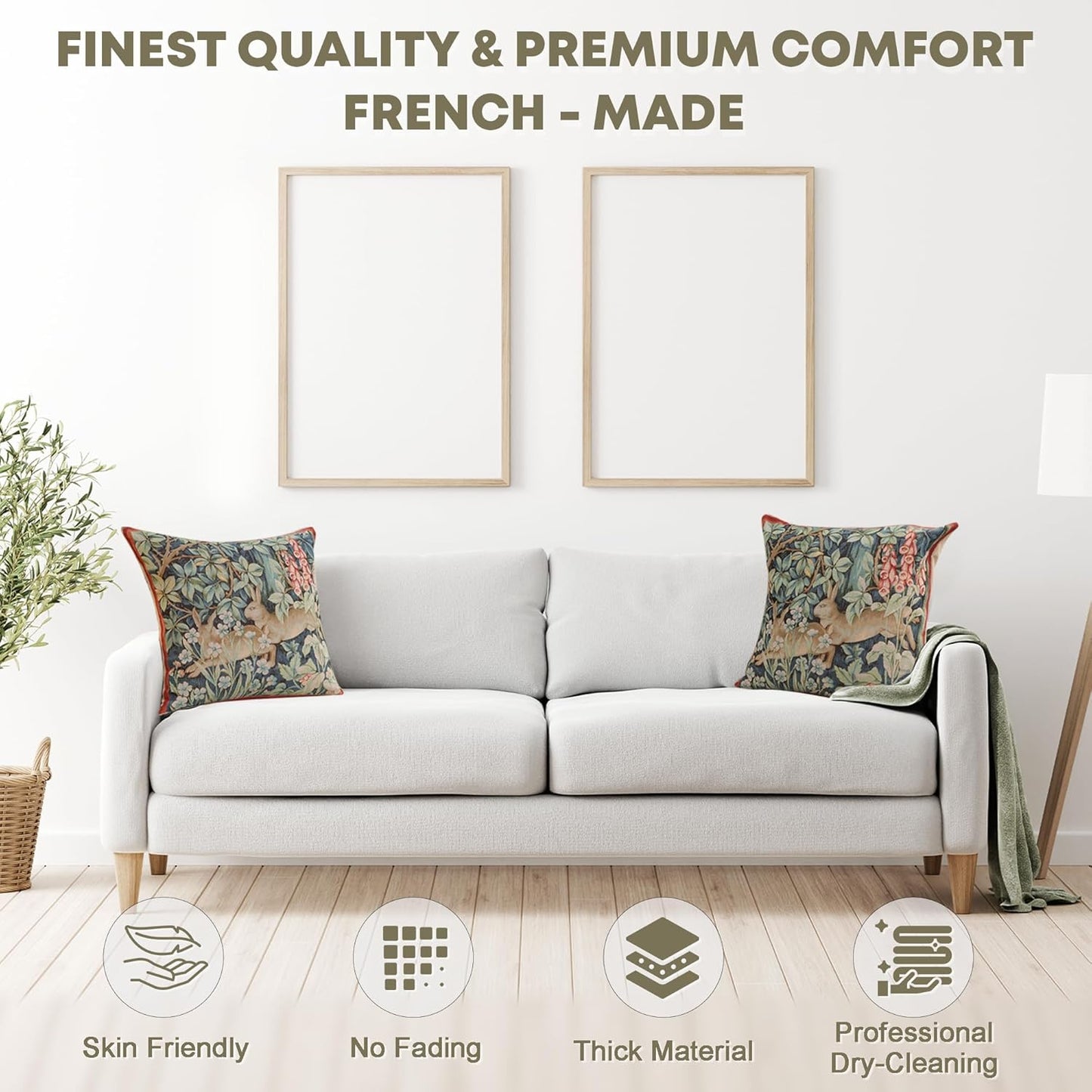 Charlotte Home Furnishings Decorative Tapestry Pillow Cover 19x19 in, Green Hares Couch Throw Pillow Cover, French Country Square Cushion Cases for Living Room Home Decor, Soft Cotton Jacquard Woven