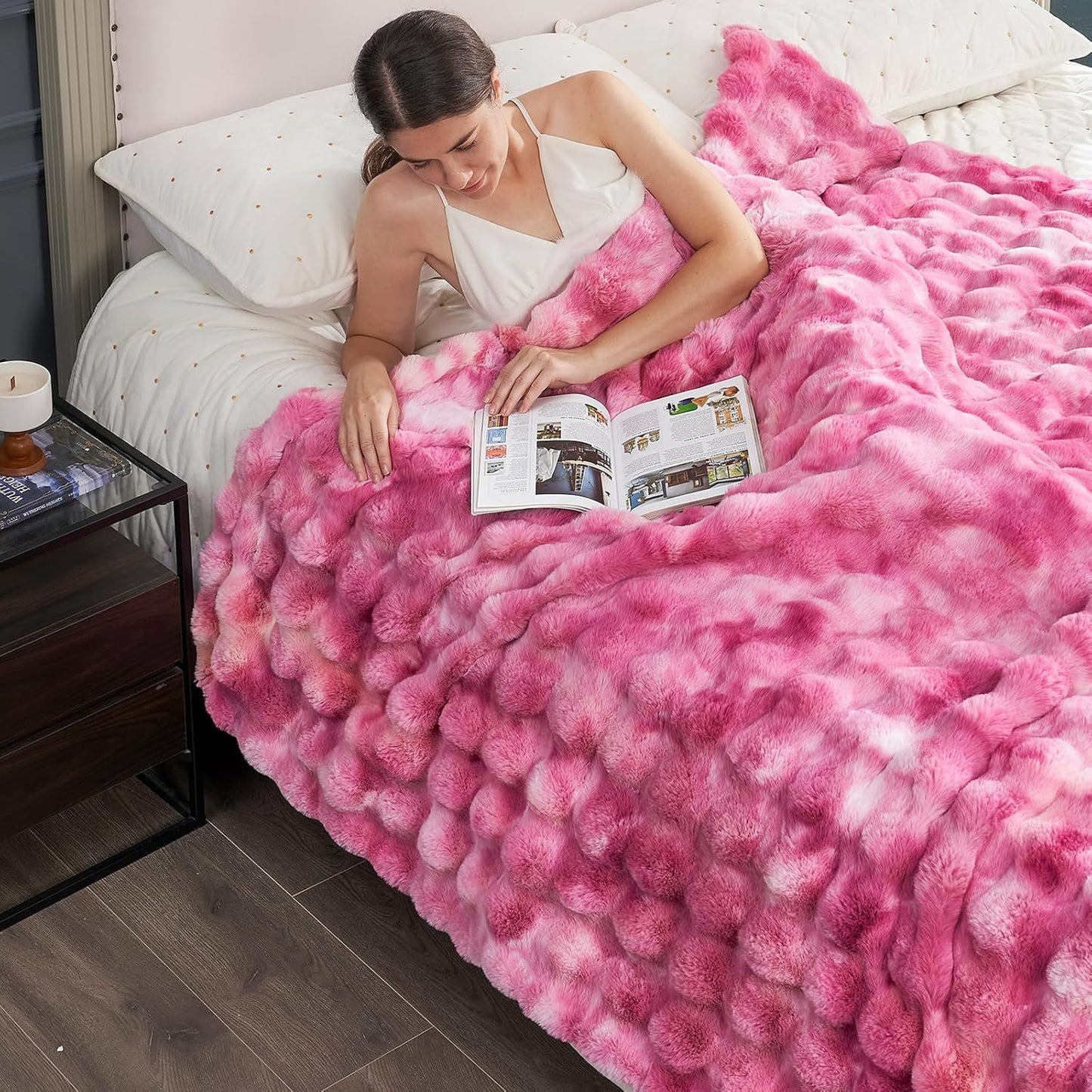 Cozy Bliss Faux Fur Throw Blanket for Couch, Fuzzy Soft Plush Thick Bubble Blanket for Sofa Bedroom Living Room, 60 * 80 Inches Tie Dye Pink