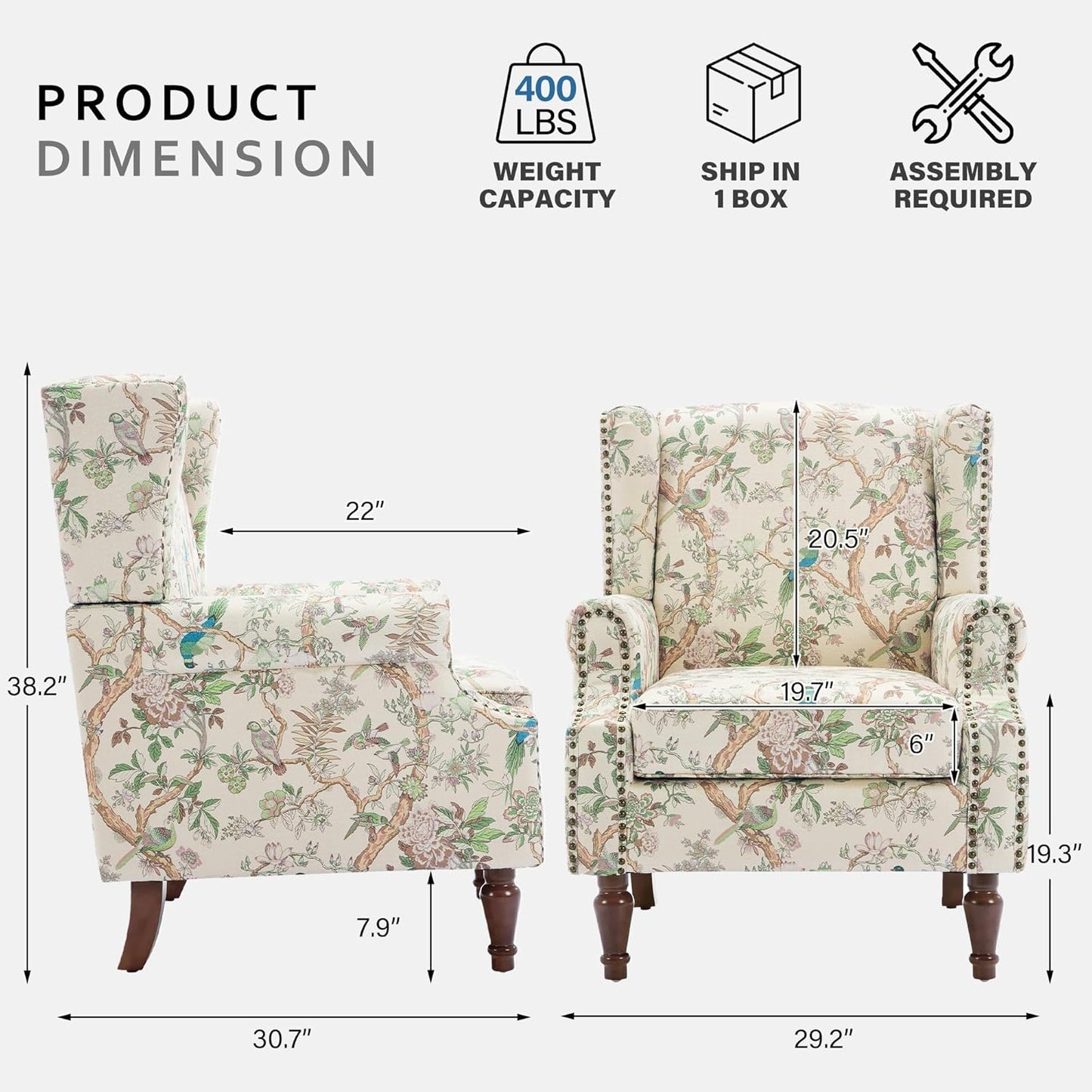 Lumibee Wingback Accent Chair, 2 Set High Back Floral Armchairs in Fabric,Comfy Upholstered Reading Single Sofa Chairs with Solid Wood Legs for Living Room,Bedroom,Office-Bird