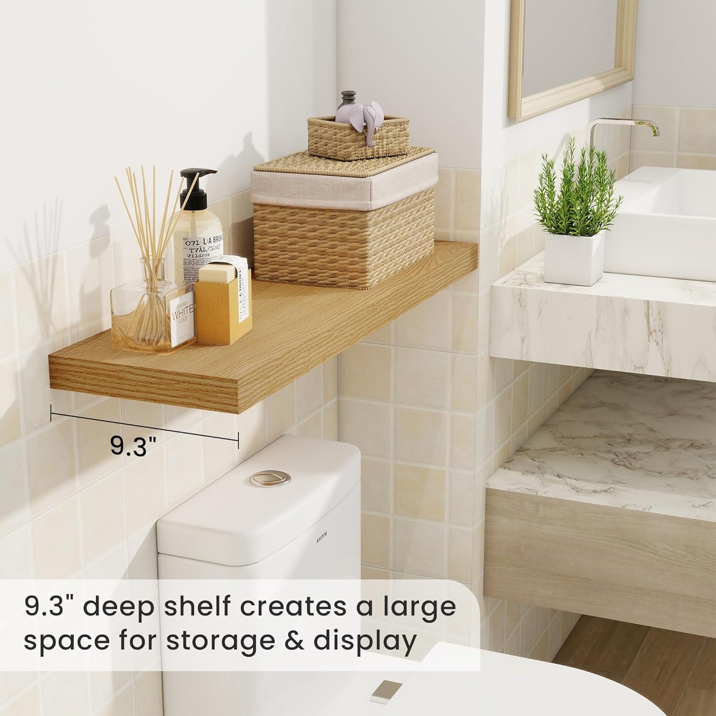 Fun Memories Floating Shelves for Wall, 32 Inch Rustic Wood Wall Mounted Shelves for Bathroom, Bedroom, Kitchen, Living Room, Deep Floating Shelves for Storage & Home Decor (Oak, Set of 2)