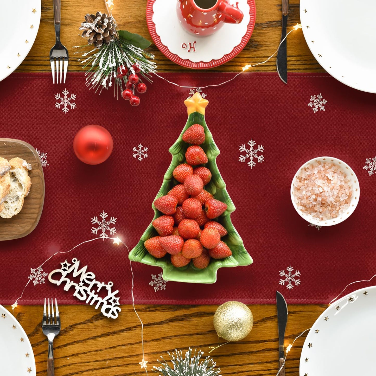 Artoid Mode Xmas Trees Snowflakes Red 210 GSM Merry Christmas Table Runner, Winter Kitchen Dining Table Decoration for Home Party Decor 13x60 Inch