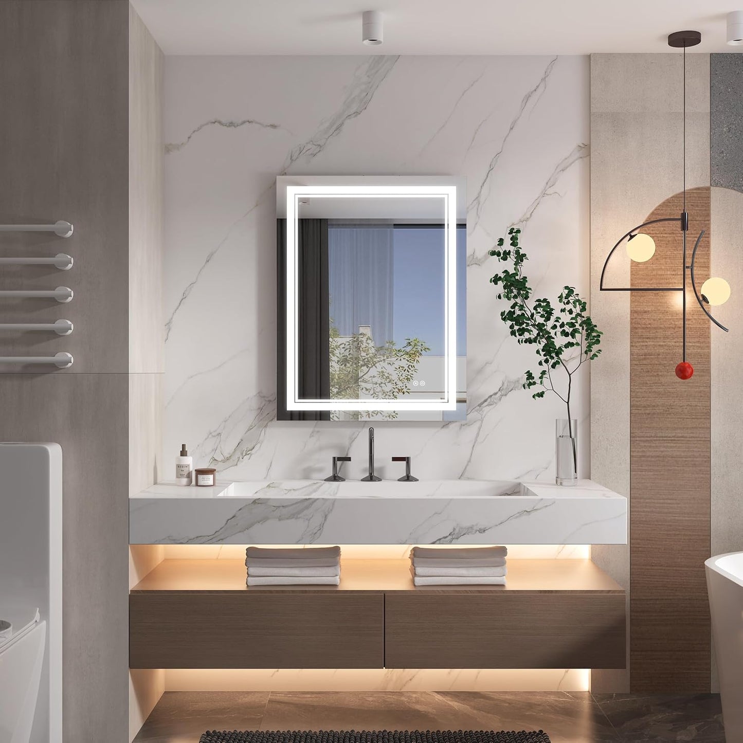 WELLFOR LED Bathroom Vanity Mirror 24 x 36 Inch, Lighted Anti-Fog Dimmable Mirror, IP44 Waterproof Wall Mounted Makeup Mirror, Packed with US Standard Plug and Touch Switch, (Horizontal/Vertical)