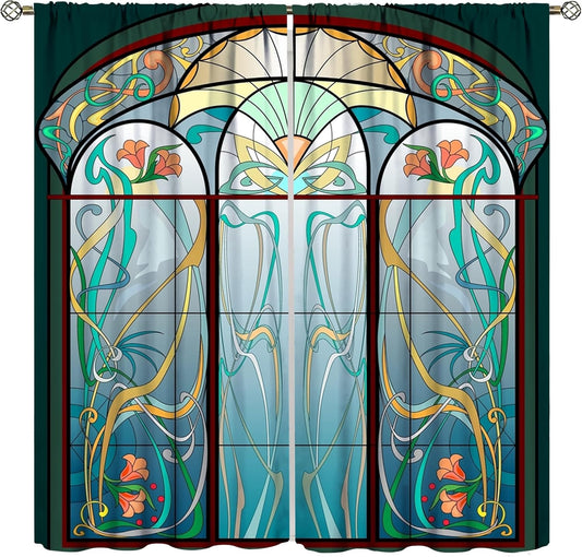Stained Glass Curtains, Retro Mid Century Boho Abstract Art Home Decor Drapes for Bedroom Living Room Kitchen Window Treatment 2 Panels Set Total Size 55" W X 63" L Inch