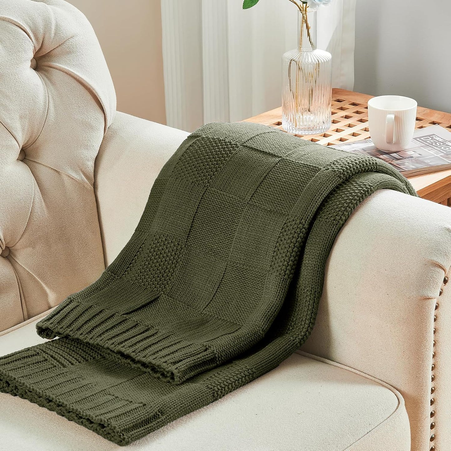 CozeCube Check Knit Throw Blanket, Olive Green Checkered Throw for Couch, Decorative Christmas Soft Cozy Warm Knitted Blanket for Bed Sofa Living Room, 50"X60"
