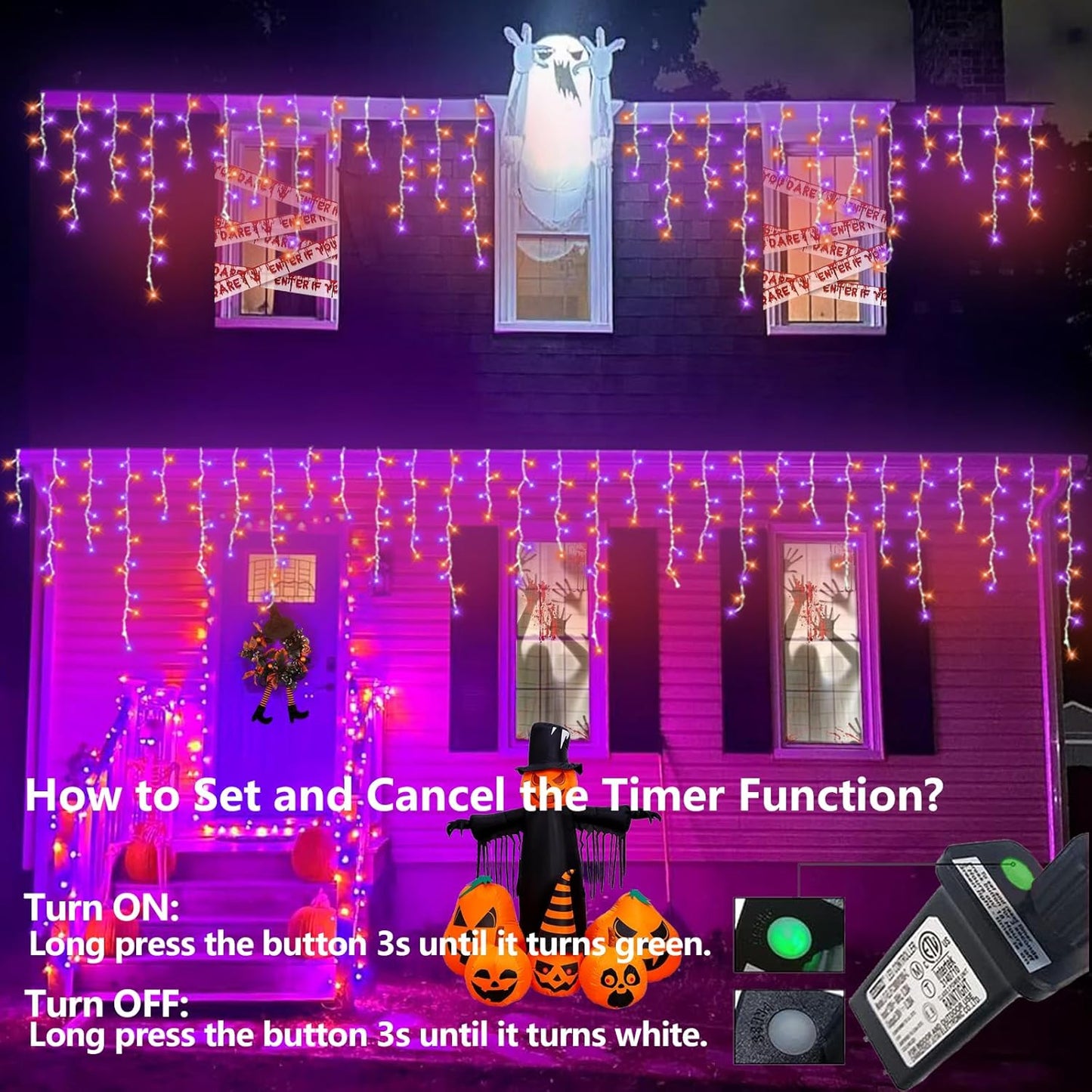 QITONG Orange and Purple Halloween Lights Outdoor, 33ft 400 LED Icicle Light Indoor Plug in, 8 Modes Connectable String Lights with 80 Drops