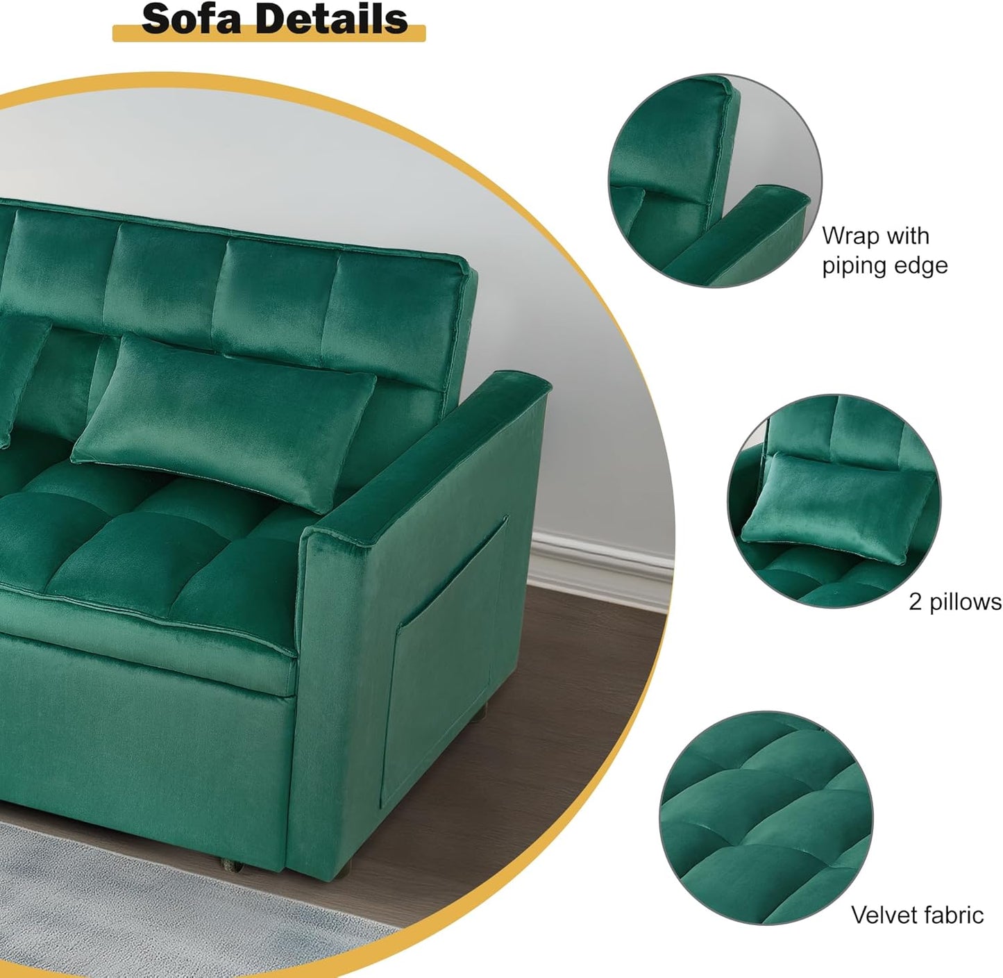 3 in 1 Sleeper Sofa Bed, Futon Sofa Bed for Living Room with Side Pocket, Green Sleepers Sofas Couch with Pullout Beds, Convertible Love Seat Sleepers Couch for Living Room, Bedroom