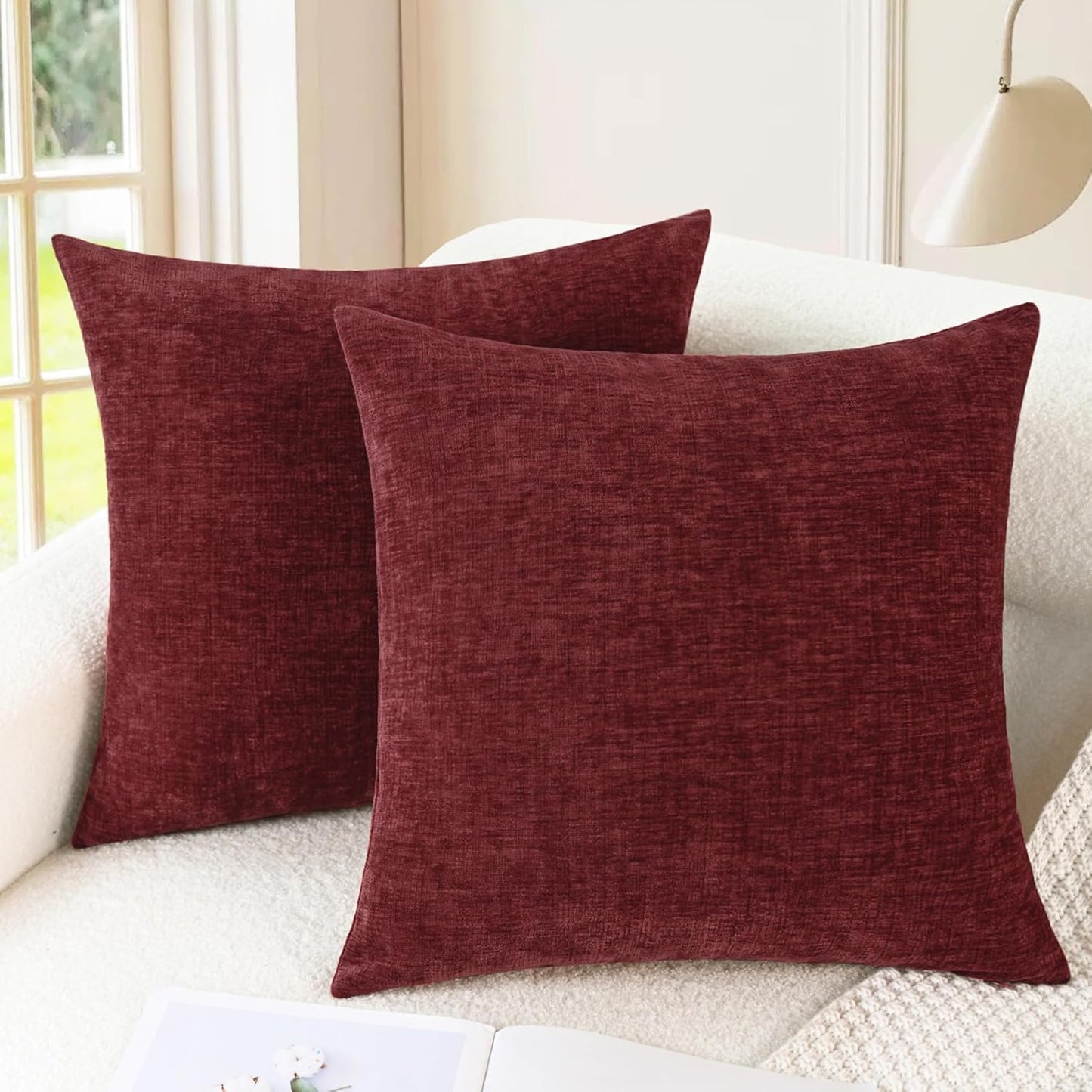 CaliTime Throw Pillow Covers Decorative 16 X 16 Inches Pack of 2 Cozy Chenille Cushion Cases for Couch Sofa Bed Living Room Home Burgundy