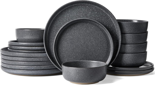 Famiware Milkyway Plates and Bowls Sets, 18 Pieces Dinnerware Sets, Reactive Glaze Dish Set, Stoneware Dishes Set for 6, Matte Dark Charcoal