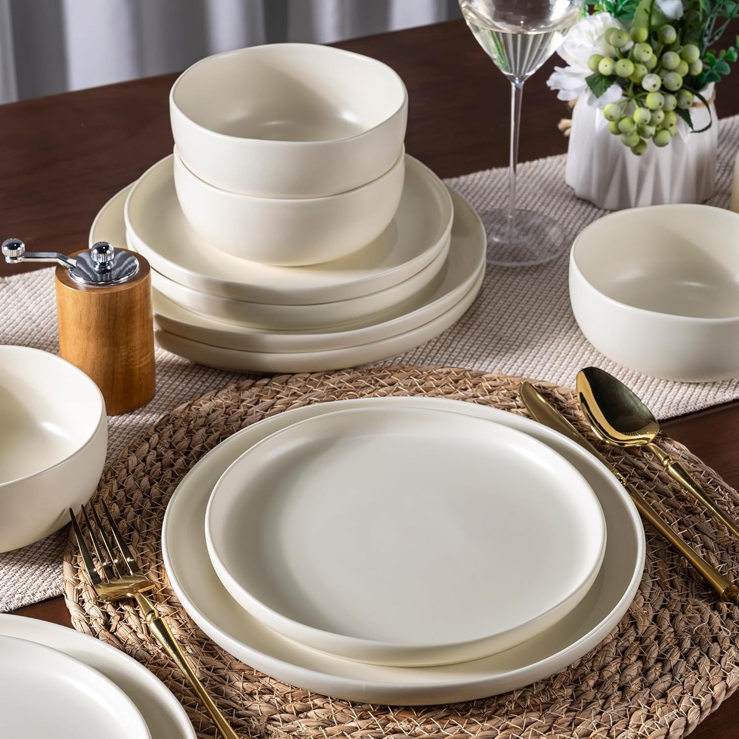 AmorArc Stoneware Dinnerware Sets, Wavy Rim Ceramic Plates and Bowls Sets, Highly Chip and Crack Resistant | Dishwasher & Microwave & Oven Safe Dishes set, Service for 4 (12pc)