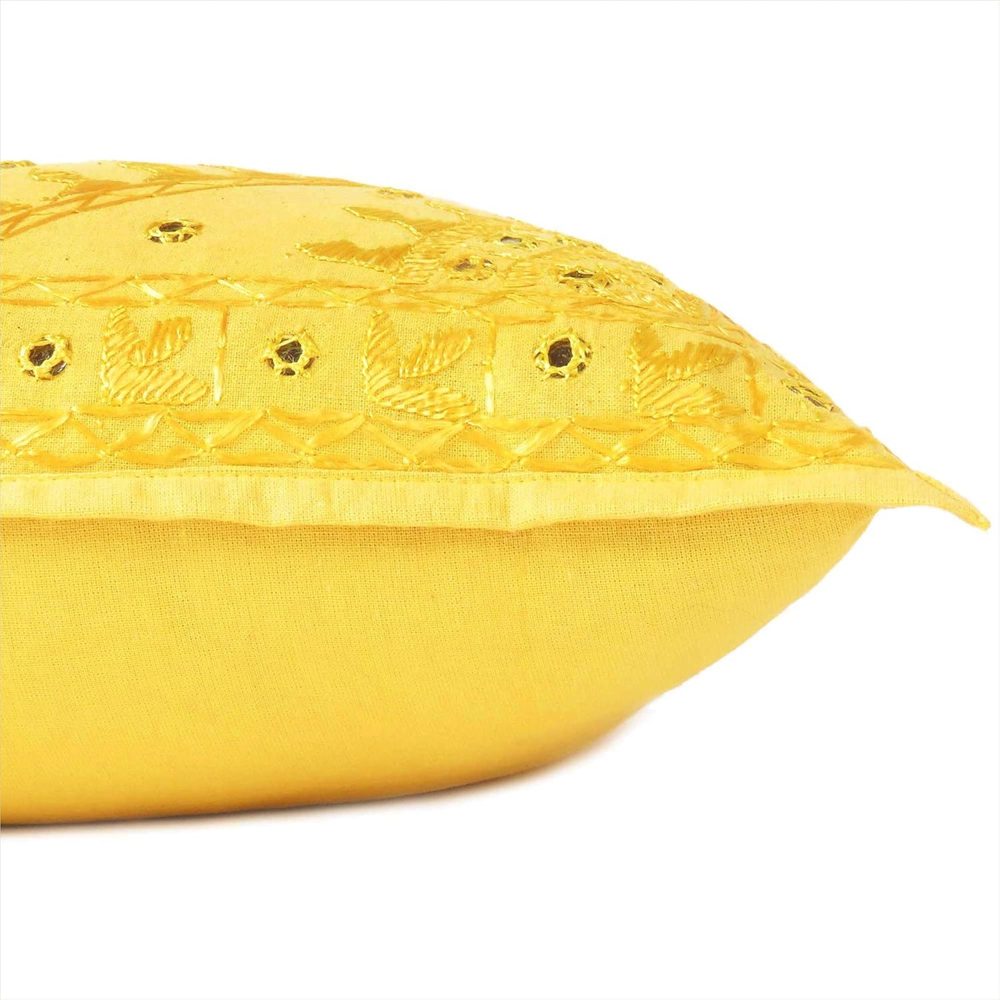 Eyes of India Embroidered Decorative Boho Throw Pillow Cover with Mirrors, Handmade Bohemian Accent Cushion Case for Sofa Couch Bedroom Living Room (Yellow, 24" x 24")