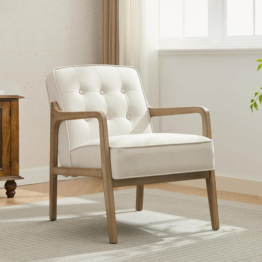 Linen Accent Chair, Mid Century Modern Chair for Living Room, Upholstered Comfy Lounge Armchair with Solid Wood Frame, Reading Side Chair for Bedroom,105°Ergonomic Comfort, White
