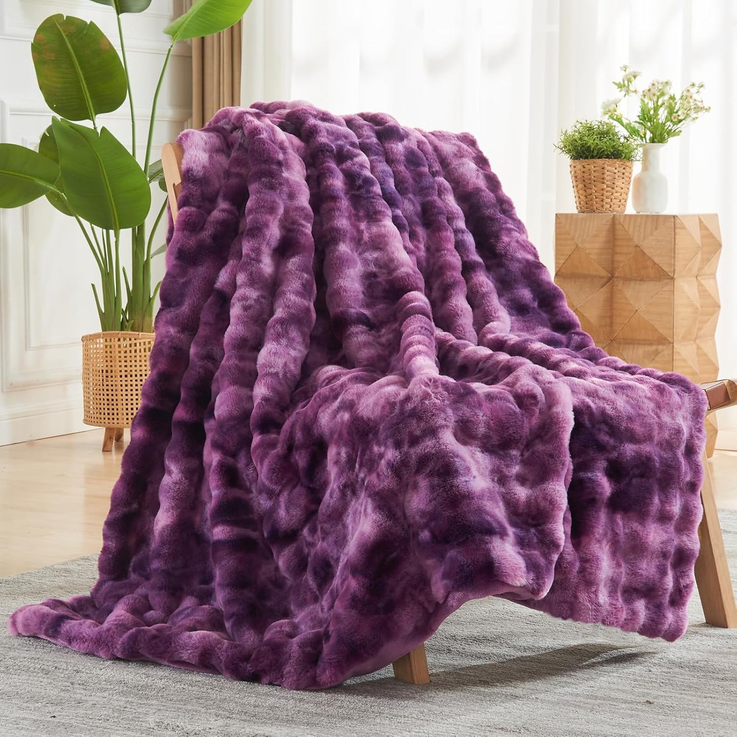 NEWCOSPLAY Faux Fur Throw Blanket Tie-dye Violet Purple Luxury Fluffy Thick Warm Bubble Blanket for Couch Sofa Bed 700GSM (Tie-dye Violet Purple, Throw(50"x60"))