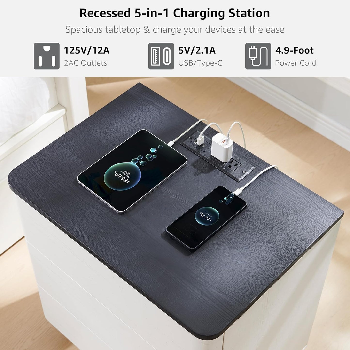 JXQTLINGMU 22" Modern Nightstand Set of 2 with Charging Station, Large Push-to-Open End Table, Wood Bedside Table, Curved Profile, Handleless 3 Drawer Night Stand for Bedroom, Living Room, Off White