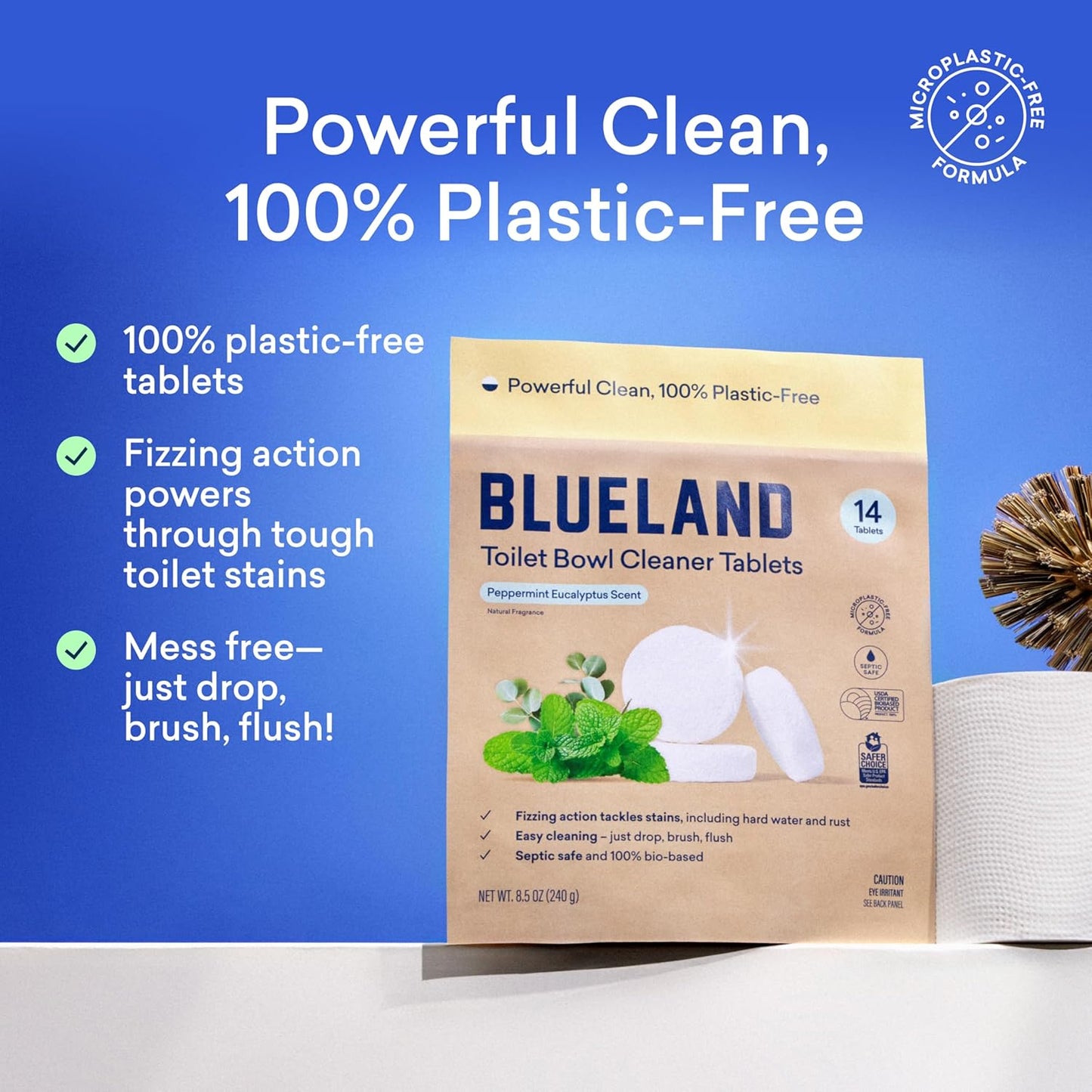 BLUELAND Toilet Bowl Cleaner Tablets, 2-Pack, 28 Count, Peppermint Eucalyptus, Plastic-Free, No Harsh Chemicals, Plant-Based