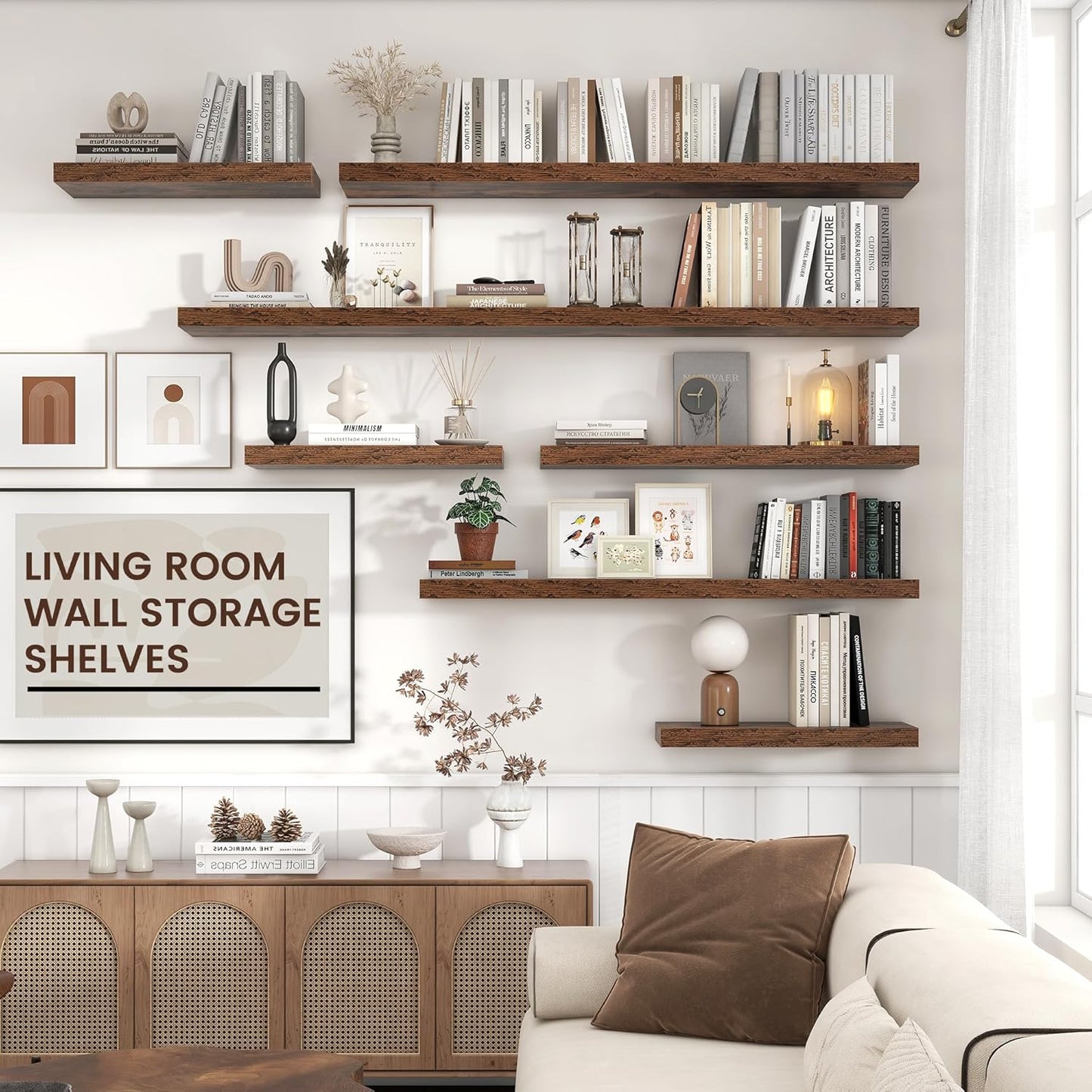 Floating Shelves - 2 Large Wall Mounted Shelves with Invisible Brackets, Long Wood Floating Wall Shelf for Living Room, Bedroom, Kitchen, (Brown, 24" W x 9" D x 1.5" H)