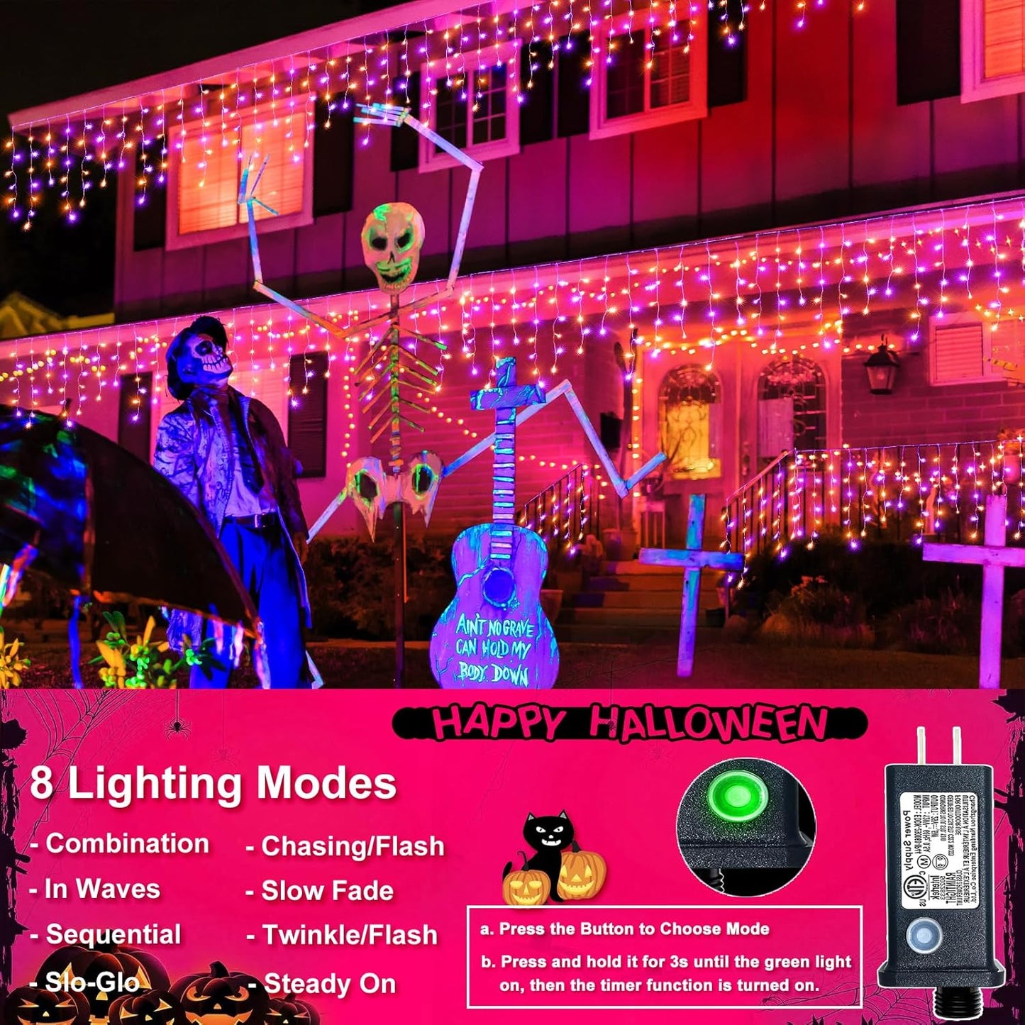 Orange and Purple Halloween Lights Outdoor, 33FT 400 LED Icicle Lights for Outside with Waterproof 8 Modes, Plug in Timer String Twinkle Light for Indoor House Yard Party Holiday Decorations