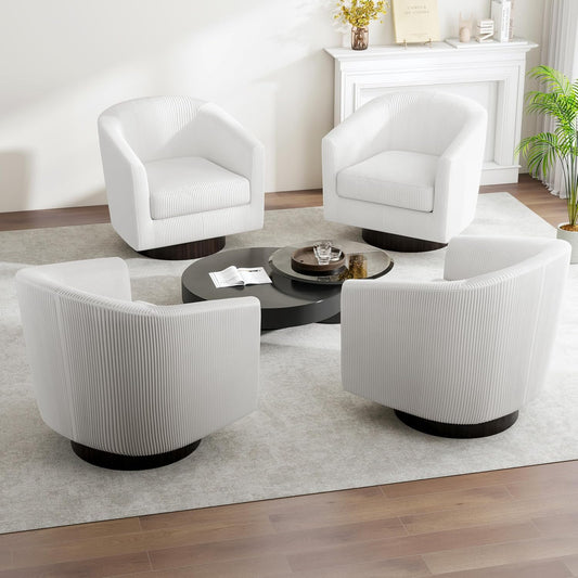 Swivel Barrel Accent Chair, Modern Round Corduroy Fabric Arm Chair for Living Room, Bedroom, Comfy Club Reading Chairs for Adults (Corduroy Beige, Set of 4)