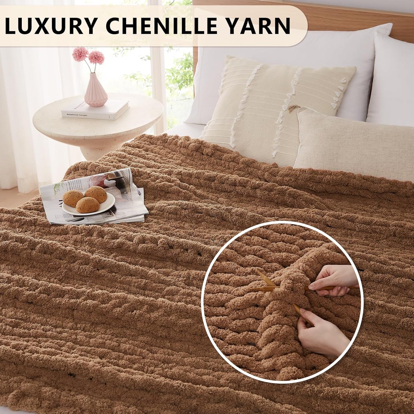L'AGRATY Chunky Knit Blanket Throw - Soft Chunky Throw Blanket 30x40 inches: 100% Hand Kintted Chenile Crochet Throw Blanket for Couch - Large Cable Knit Chunky Blanket for Home Decor(Brown)
