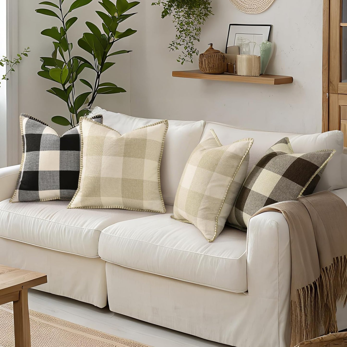 decorUhome Buffalo Plaid Check Throw Pillow Covers 20x20 Set of 2, Outdoor Decorative Farmhouse Neutral Pillow Covers with Stitched Edge for Bed Couch Sofa, Brown and Beige