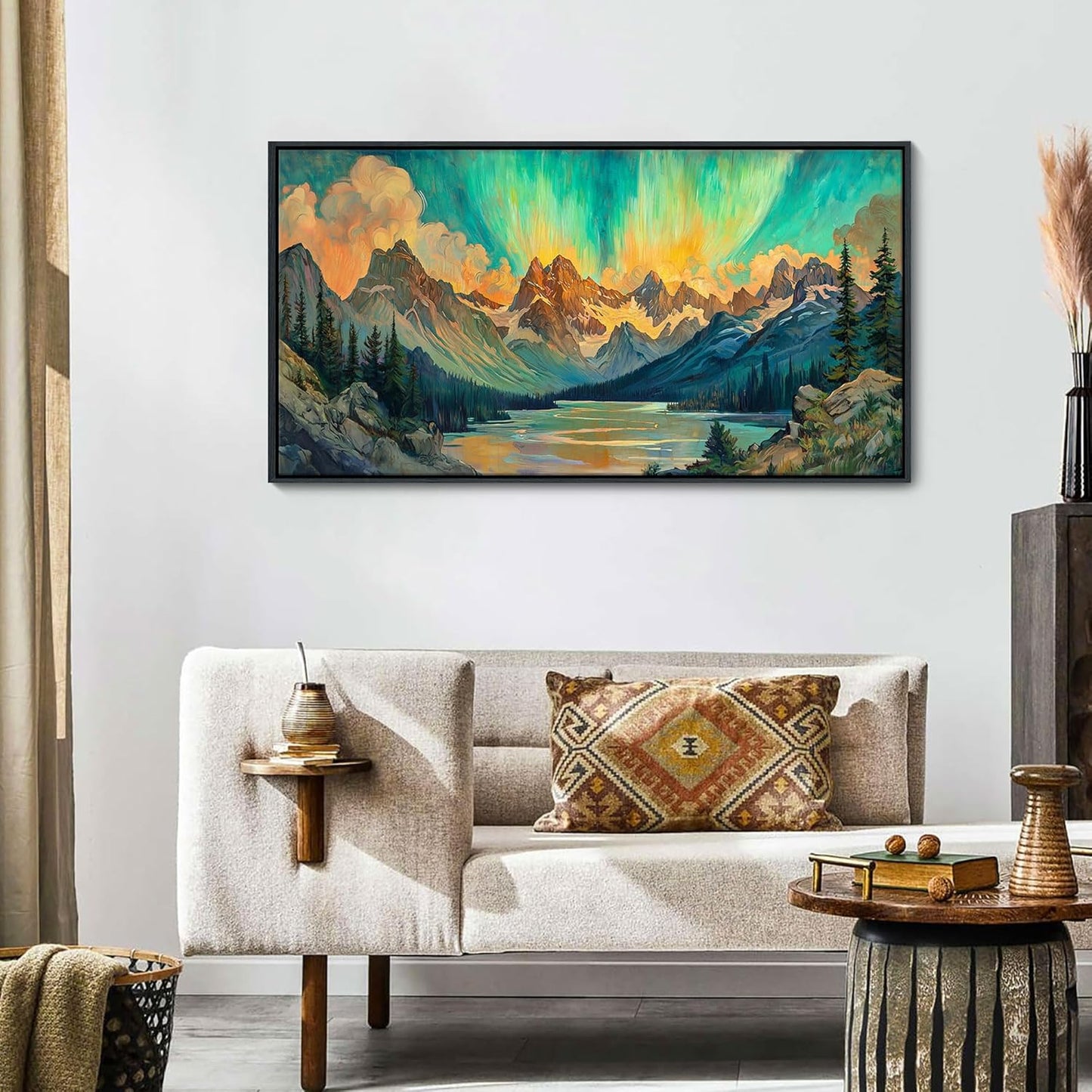 JEAWA Framed Canvas Wall Art - 20x40 In Abstract Painting Decor, Textured Mountain Lake Tree Aurora Pictures, Modern Art Prints for Bedroom Living Room Bathroom Home Decoration