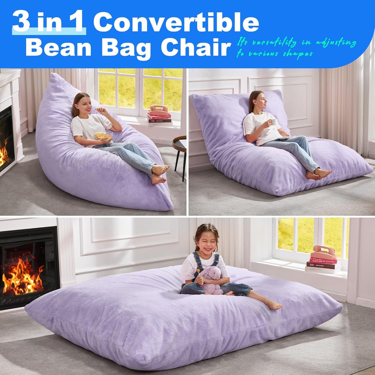 Hobestluk 3 in 1 Bean Bag Chair Giant Bean Bag Chairs for Adults with Plush Faux Fur Cover Convertible Bean Bag Floor Cushion with Machine Washable Cover for Living Room (Plush Purple)