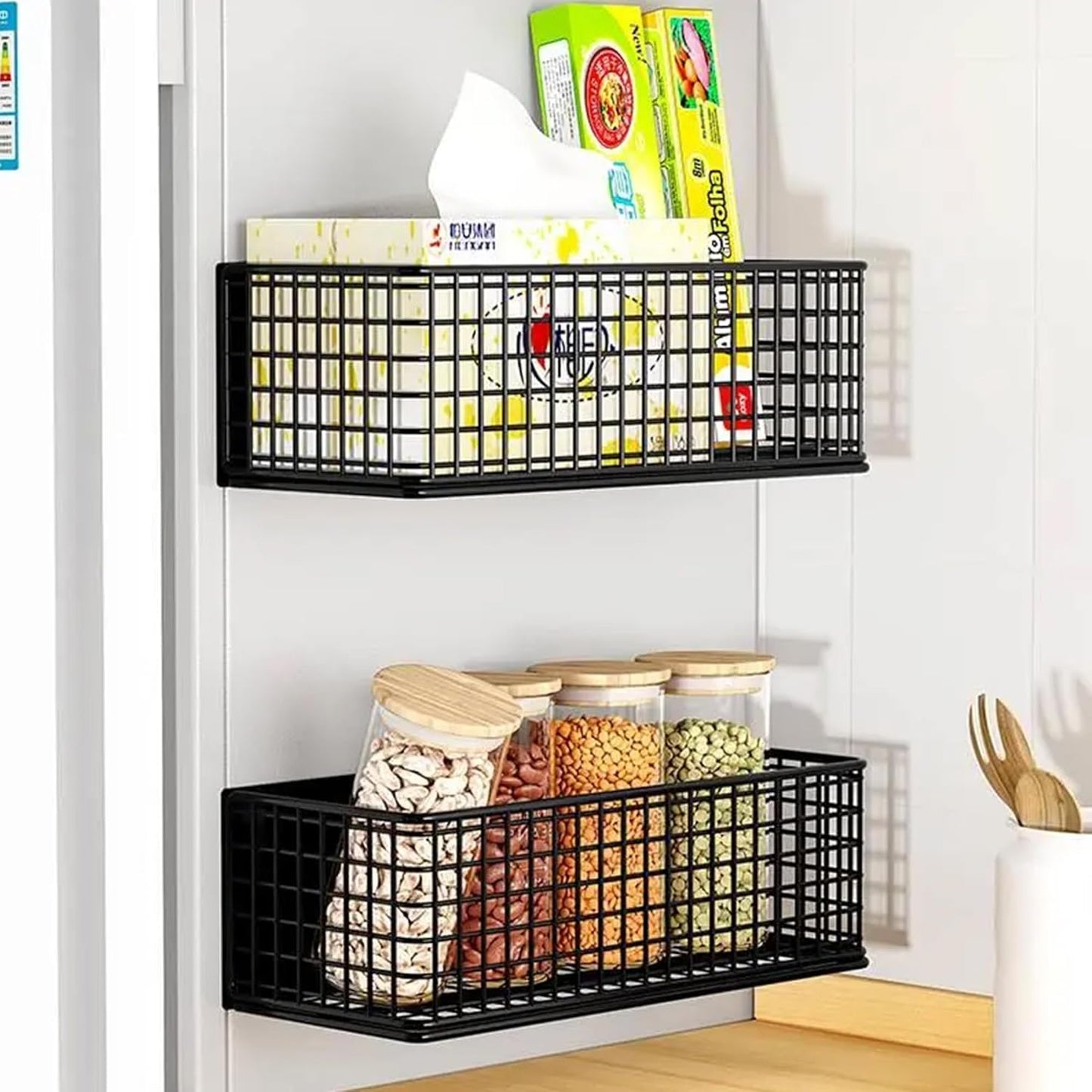 Magnetic Basket Fridge Organizer Wire Bins Pencil Holder Whiteboard Accessories Home Kitchen Organization (Black-Low)