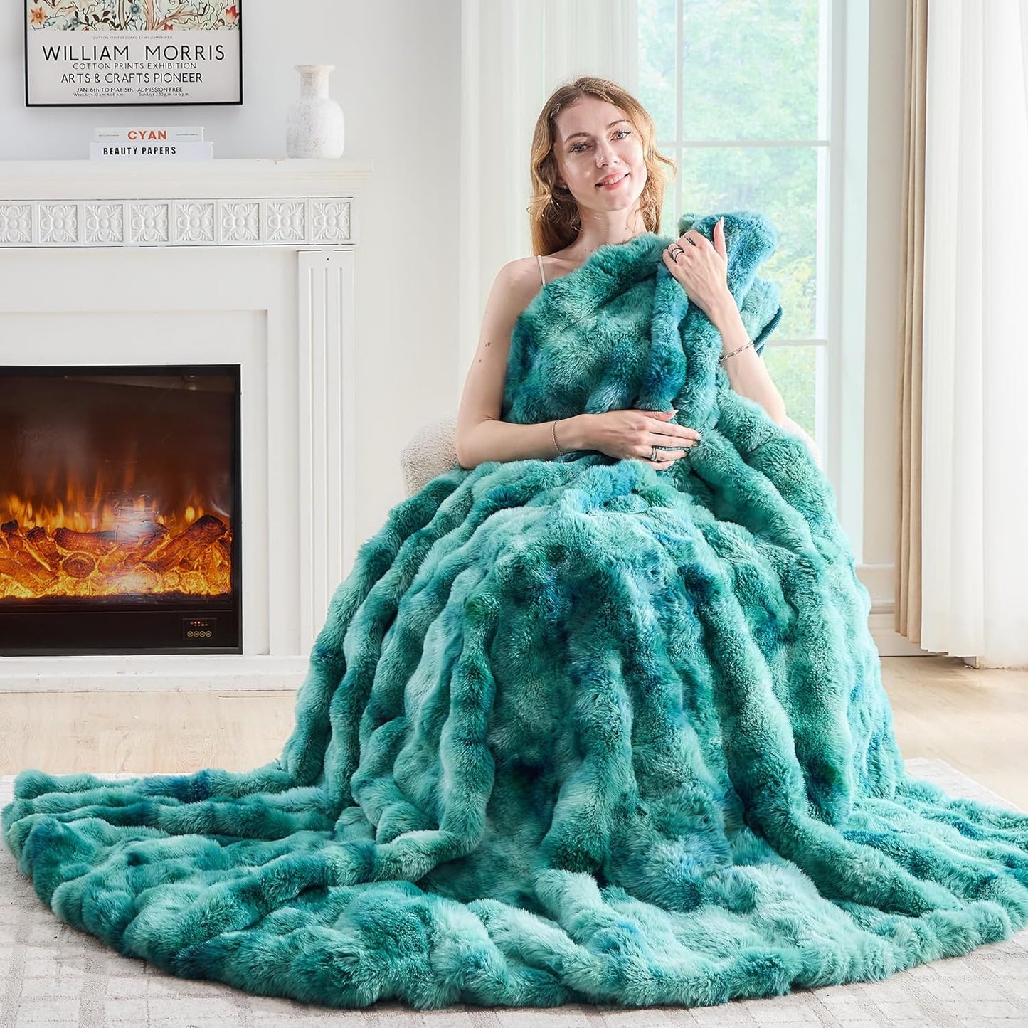 Lotus Karen Faux Fur Throw Blanket Tie-Dye Green - Big Bubble Rabbit Fluff Blanket for Couch,Small Fluffy Fuzzy Cozy Blanket,Thick Furry Plush Shaggy Blankets,60x80 Inches