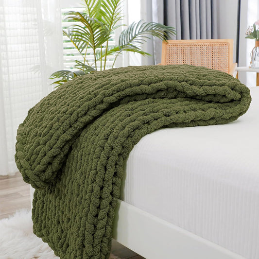 Bigacogo Chunky Knit Throw Blanket for Couch, 40x60 inches, 100% Hand Knitted with Thick Jumbo Chenille Yarn, Cozy Soft Large Rope Knot Cable Crochet Blankets for Sofa Bed Living Room, Yellow Green