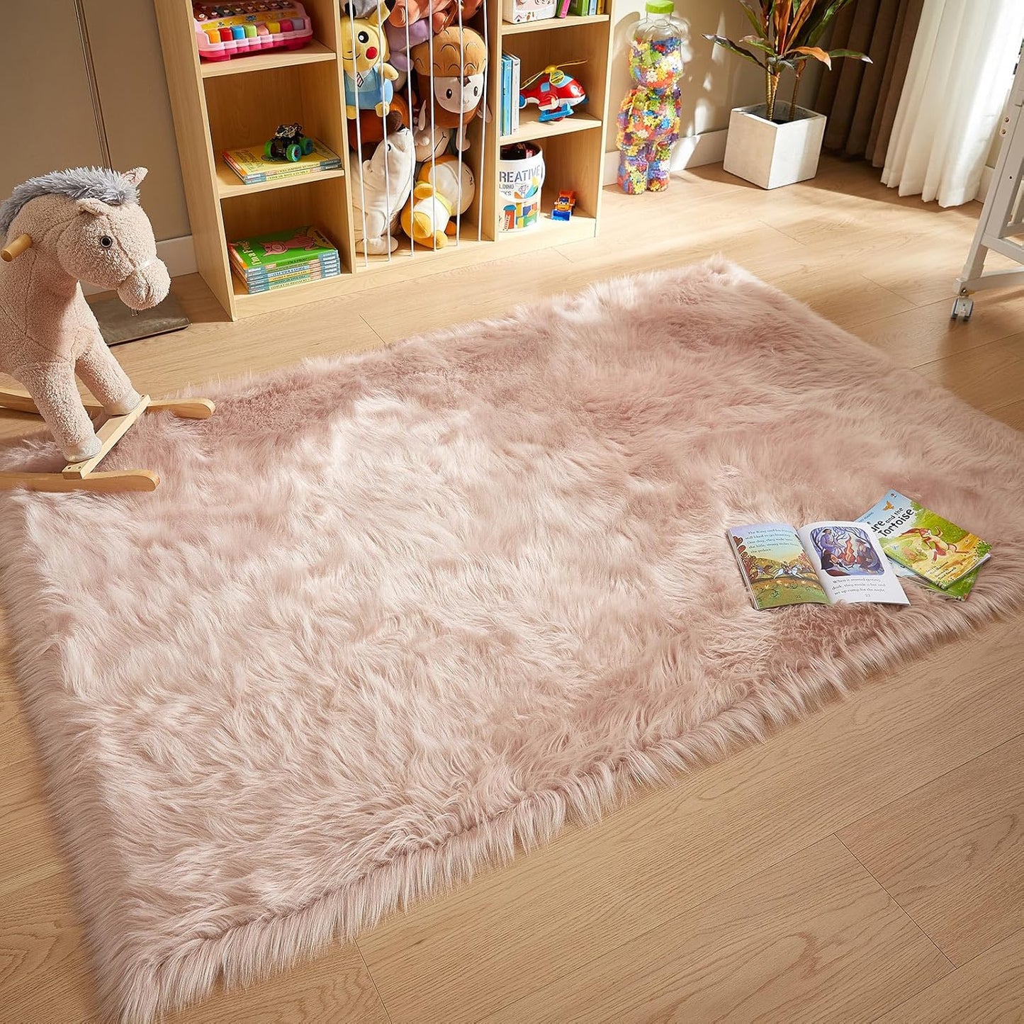 AMTOVO Faux Fur Sheepskin Rug for Living Room, 4 x 6 ft Pink Fluffy Area Rug for Bedroom, Playroom, Luxury Room Decor, Rectangle