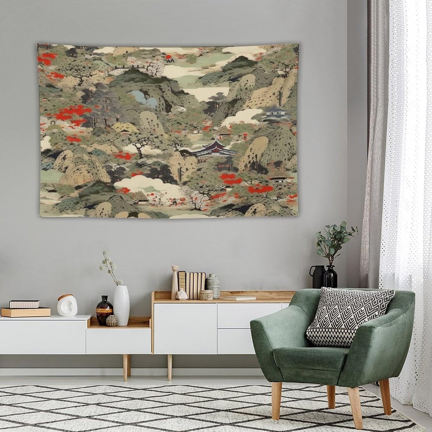 Asian Tapestry,Japanese Red Landscape Asian Watercolor Abstract Art Tapestry, Asian Japanese Wall Tapestry, Nature Landscape Tapestries for Bedroom Living Room Decor 90"x60"