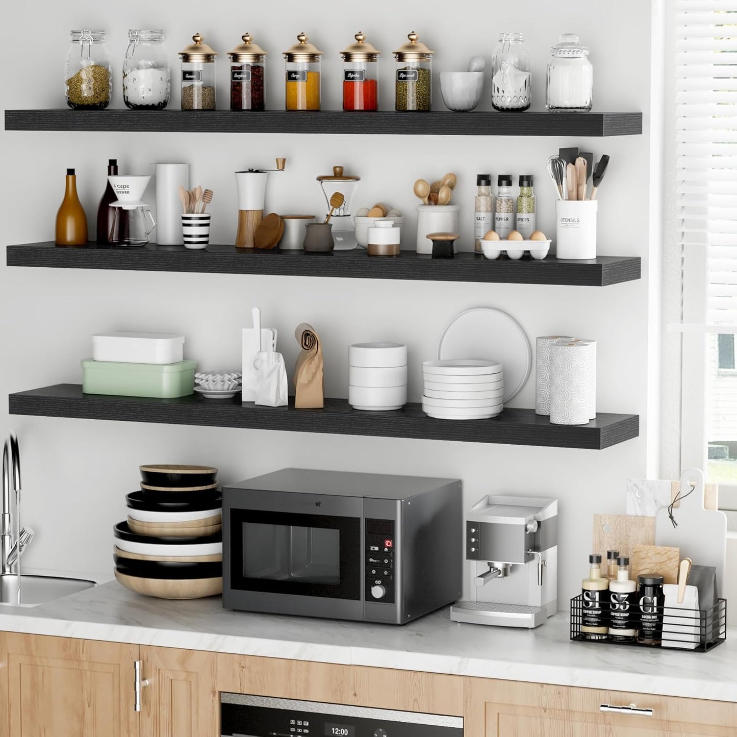 Fun Memories 55 Inch Floating Shelves - 9 Inch Deep Rustic Wooden Wall Shelves - Extra Deeper & Thicker Wall Mounted Storage Shelf for Living Room Kitchen Farmhouse - Rustic Black