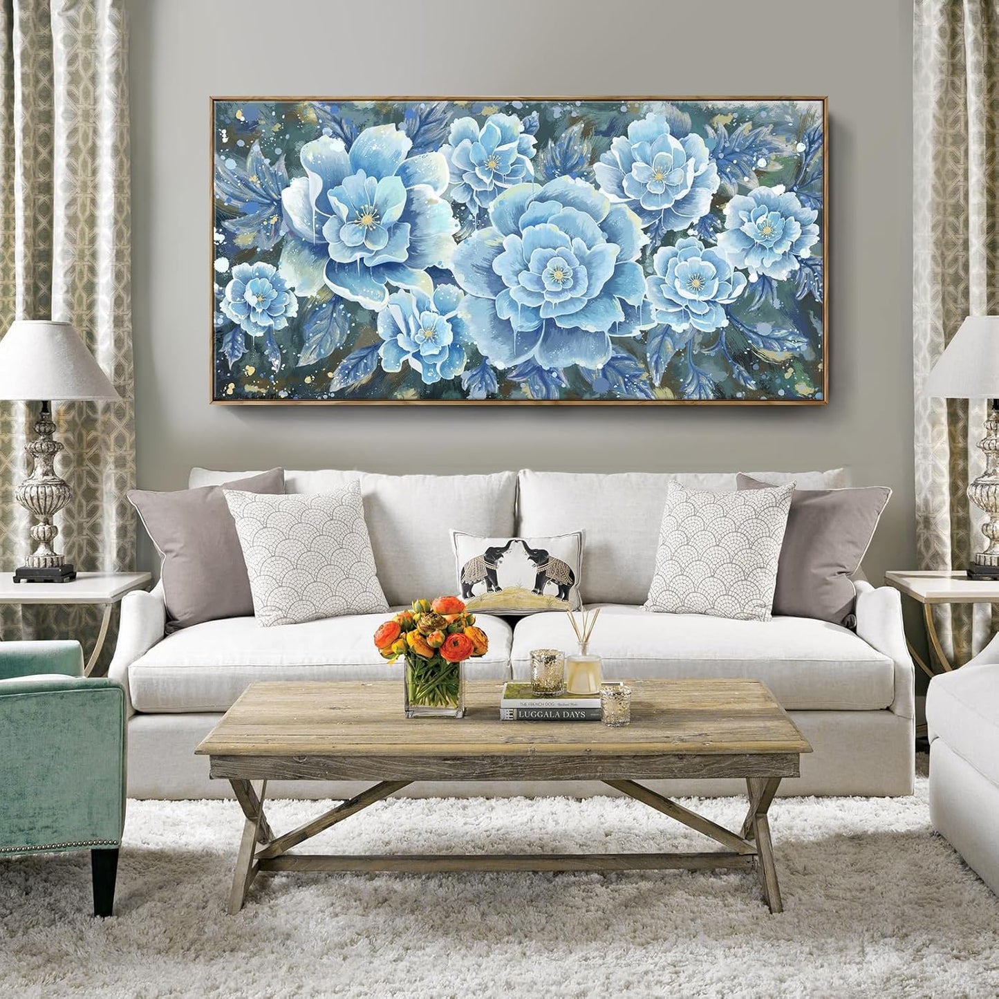 Extra Large Wall Art for Living Room, Framed Big Floral Blue Flower Canvas Print, Modern Oversized Blossom Peony Wall Picture Botanical Artwork for Dining Room Bedroom & Office Décor