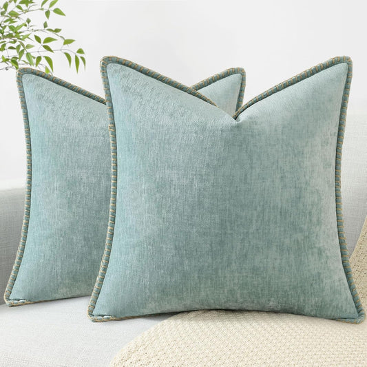 decorUhome Chenille Soft Throw Pillow Covers 16x16 Set of 2, Farmhouse Velvet Neutral Decorative Euro Pillow Covers with Stitched Edge for Couch Sofa Bed Home Decor, Aqua Haze