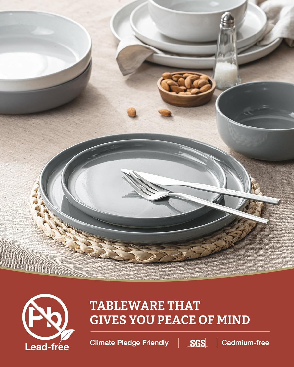 Famiware Milkyway Plates and Bowls Sets, 12 Pieces Stoneware Dinnerware Sets, Dishes Set for 4, White & Dark Gray