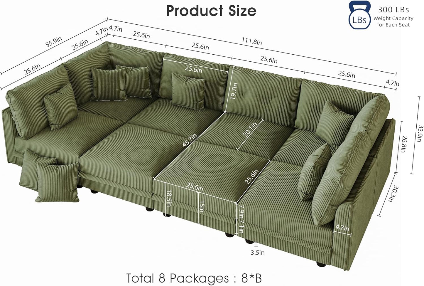 LLappuil Modular Sectional Sofa with Storage Seats, Corduroy Convertible Modular U Shaped Sectional Couch for Living Room, 8 Seat Oversized Sofa with 8 Back Cushion 8 Throw Pillow, Green
