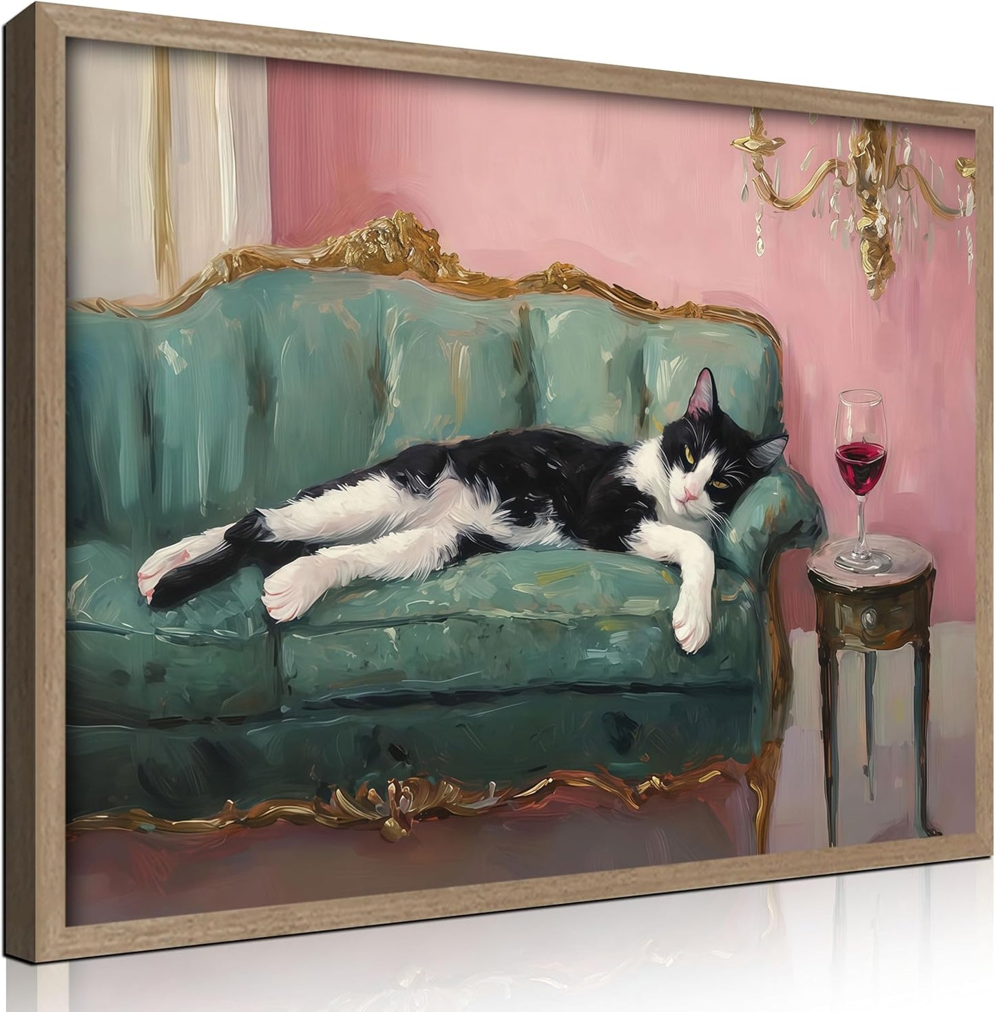 Wooden Framed Black And White Cat Wall Art Modern Style Canvas Print Lazy Persian Cat Poster Picture Decoration Painting Gallery Style Artwork Suitable For Living Room Bedroom Decoration 16x24 Inch