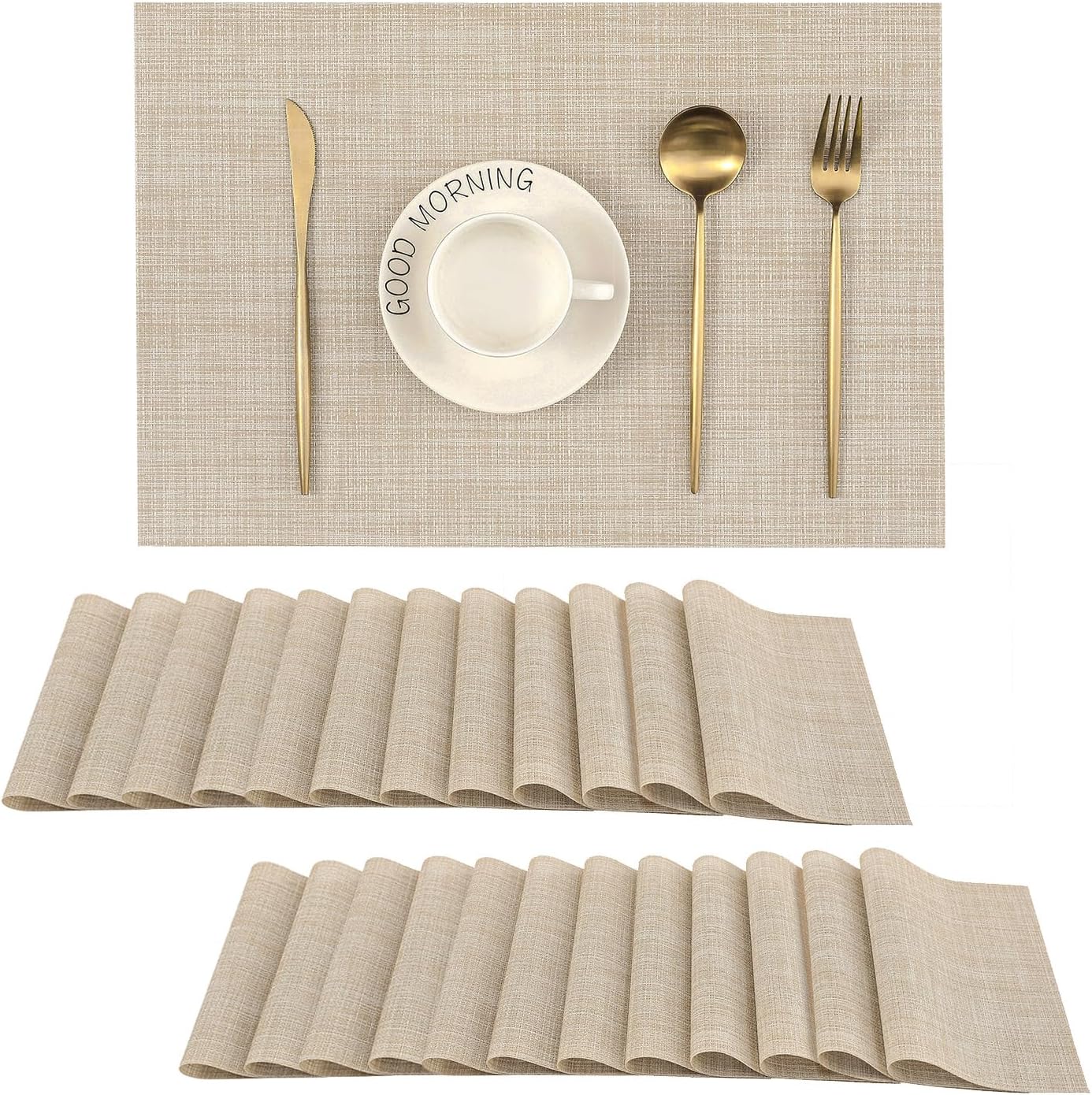 Leetaltree Beige Placemats Set of 24 - Heat Resistant Non-Slip Place mats for Dining Table, Washable Durable PVC Vinyl Woven Table Mats（Beige, 24）