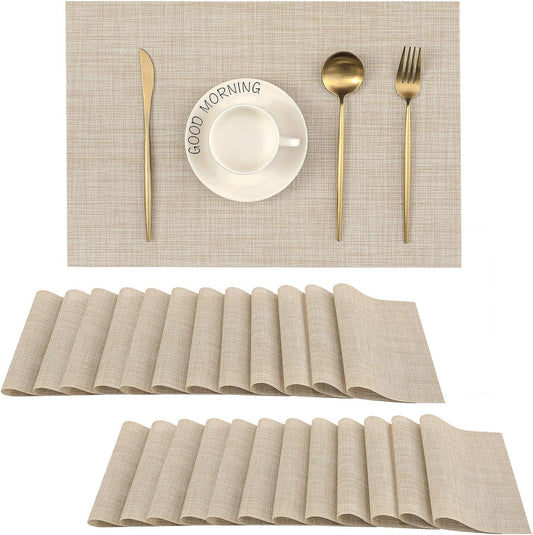 Leetaltree Beige Placemats Set of 24 - Heat Resistant Non-Slip Place mats for Dining Table, Washable Durable PVC Vinyl Woven Table Mats（Beige, 24）