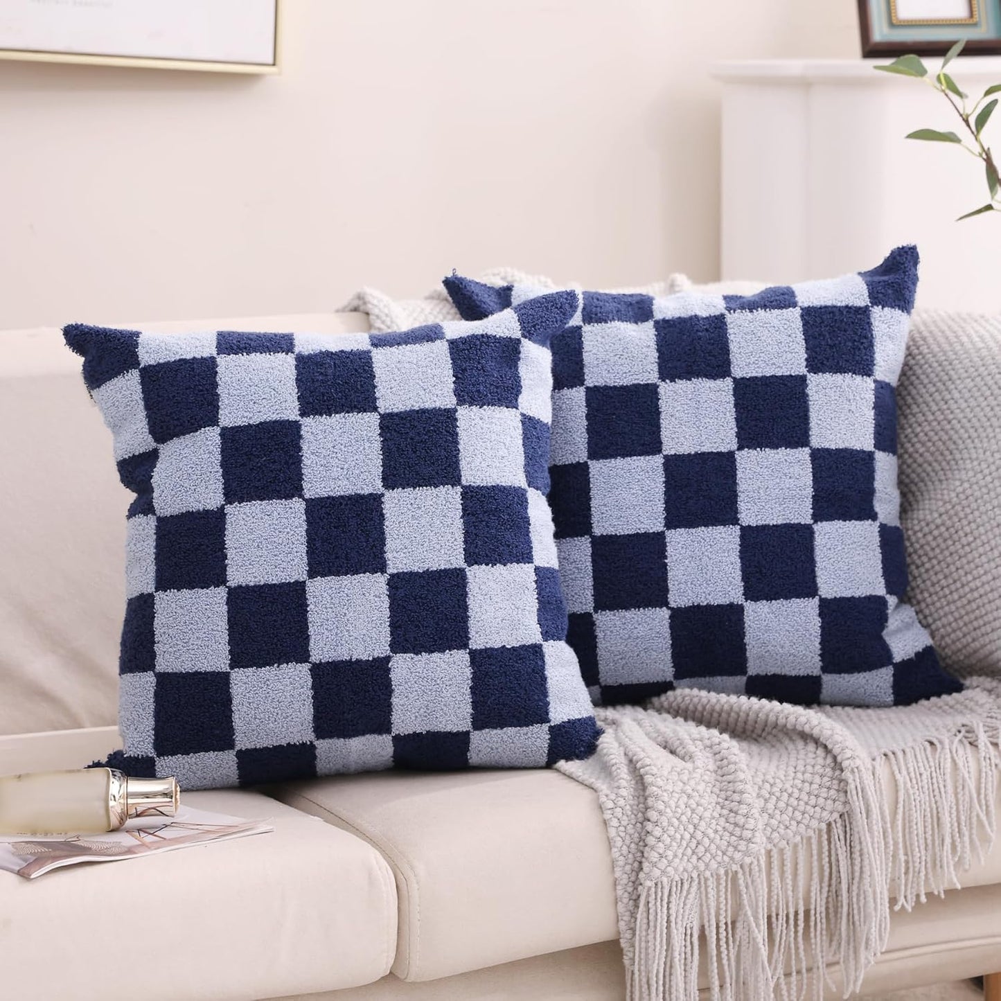 Alysheer Checkered Embroidered Decorative Throw Pillow Covers 18"x 18" Set of 2, Classic Chic Navy Blue Plaid Tufted Patterned Cotton Canvas Cushion Case for Sofa Couch Bed Living Room