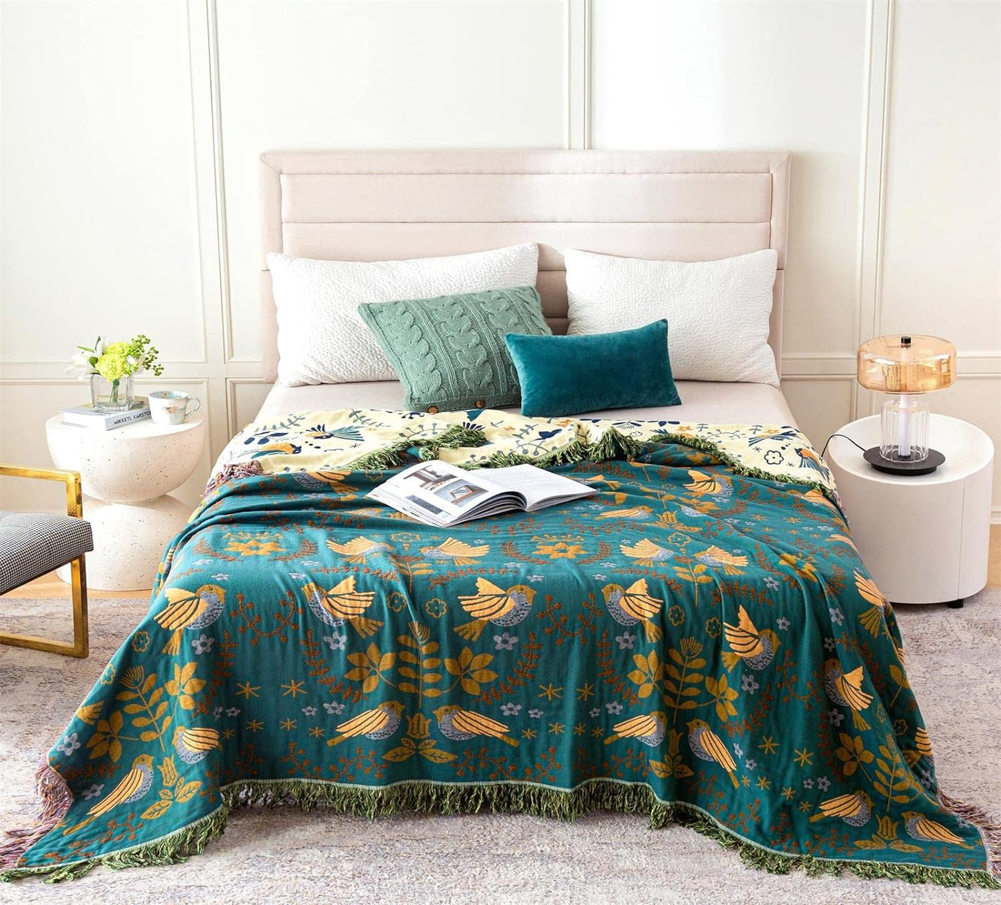 Cotton Throw Blanket 100% Muslin for Couch Bed 80''x 90'' Farmhouse Blanket 4-Layer Summer Blankets Boho Quilt Decor for All Seasons Cozy Soft Lightweight Knitted Warm Blanket Gifts for Women