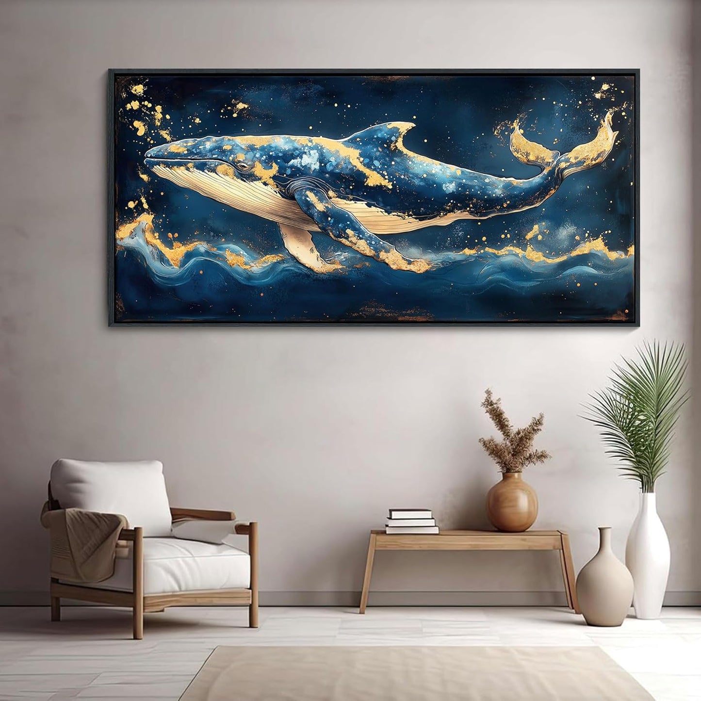 JEAWA Large Framed Canvas Painting - Marine Animal Wall Art Decor, Blue White Gold Whale Picture, Modern Art Prints for Living Room Bedroom Bathroom Home Decoration, 29x58 IN